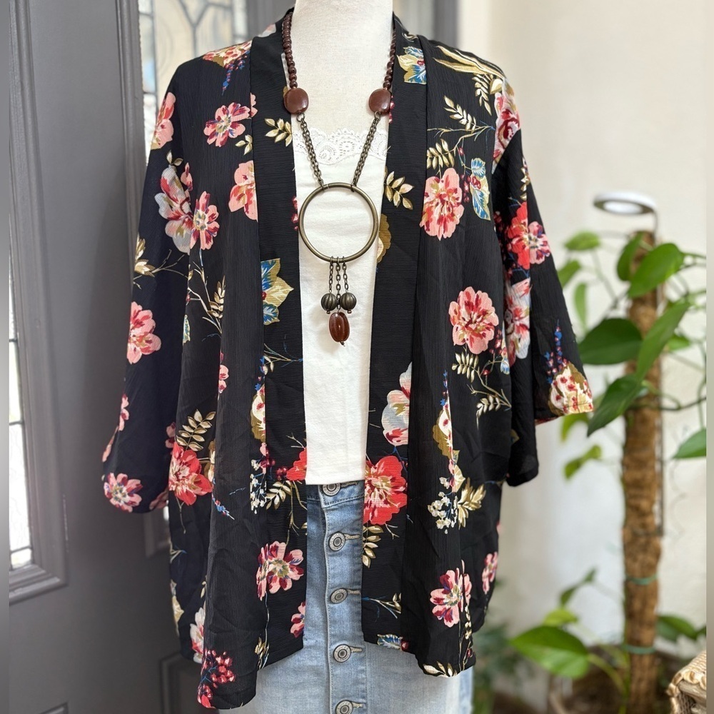 Anthropologie’s Do Everything in Love Black Red Pink Olive Floral Kimono